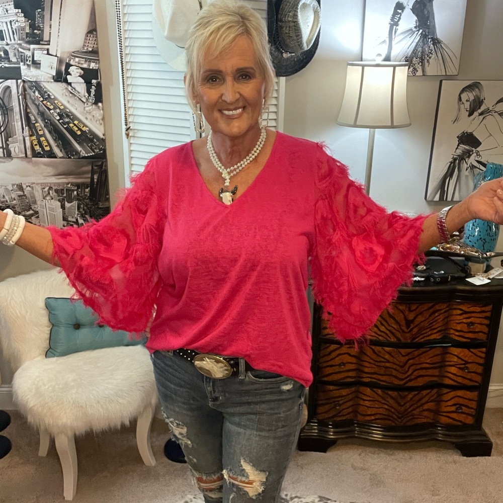 NWT Bell sleeved feather look detailed top in Hot Pink.